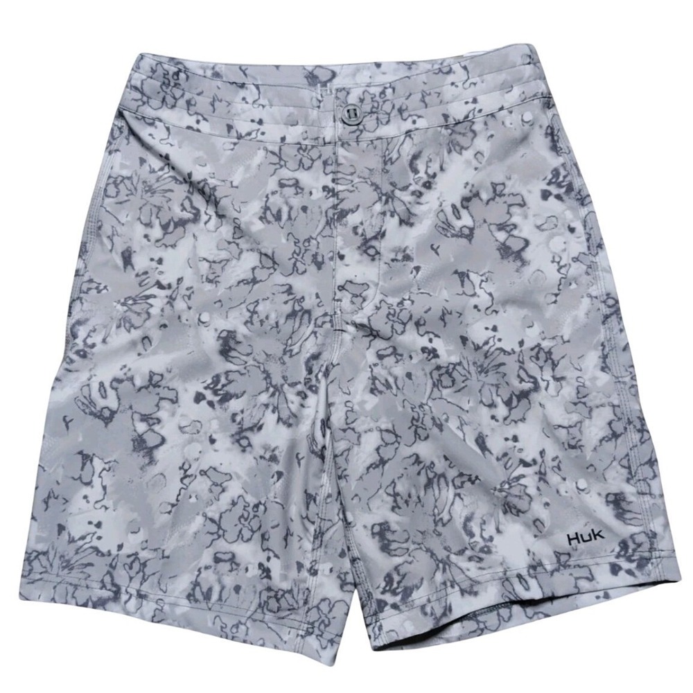 Huk Boardshorts Mens 28 Pursuit Gray Performance Fish Swim Beach 9" NWT